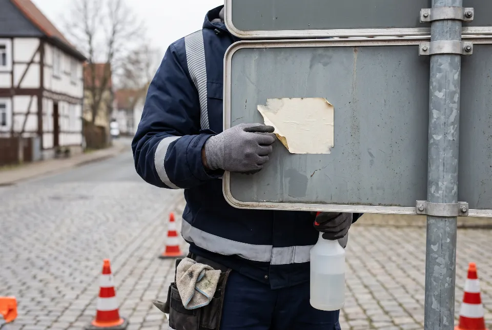 Entfernung von Aufklebern an einem Verkehrszeichen