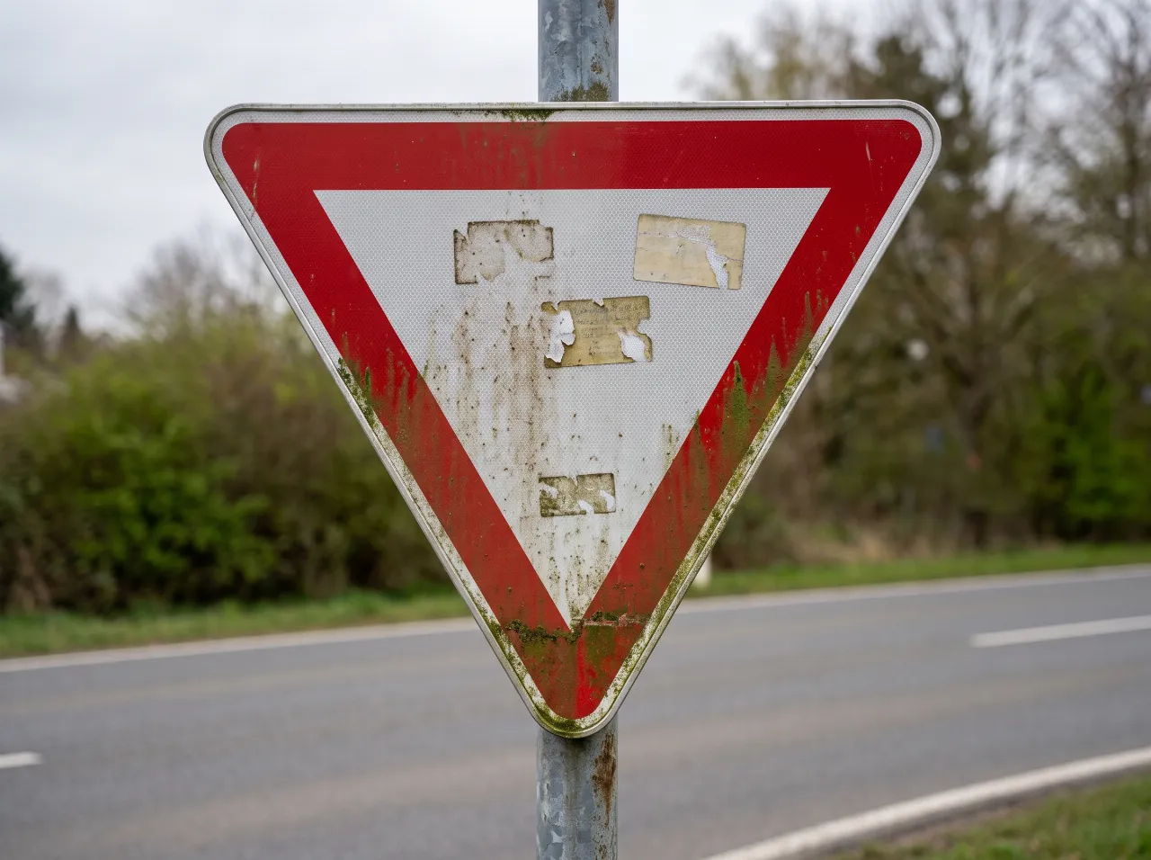 Stark verschmutztes Vorfahrt-gewähren-Schild vor der Reinigung