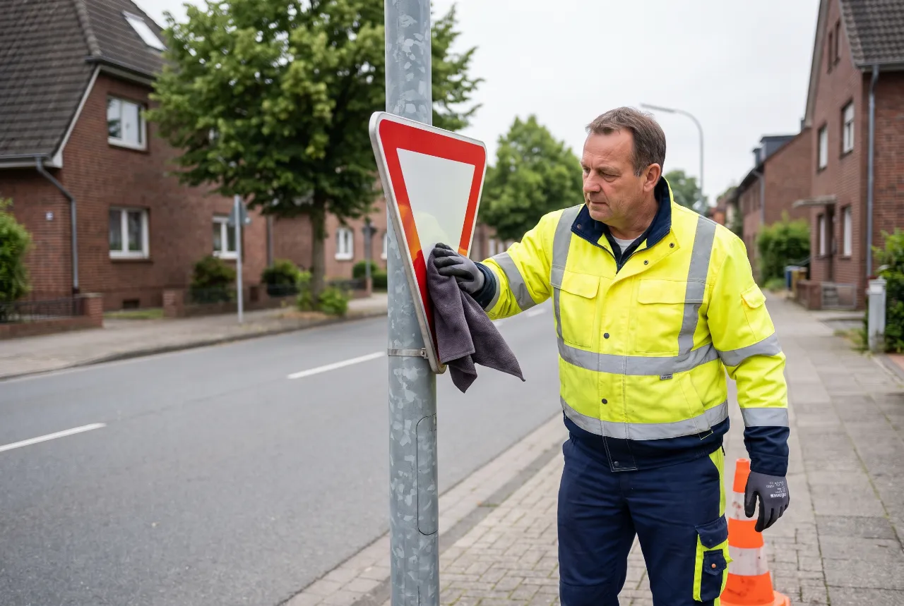 Professionelle Reinigung eines Vorfahrt-gewähren-Schildes im kommunalen Straßenraum